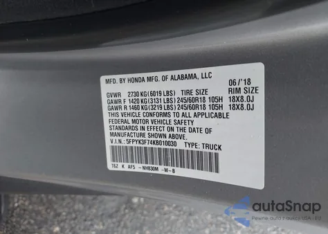 2019 Honda Ridgeline Rtl z USA, uszkodzony, nr VIN 5FPYK3F74KB010030